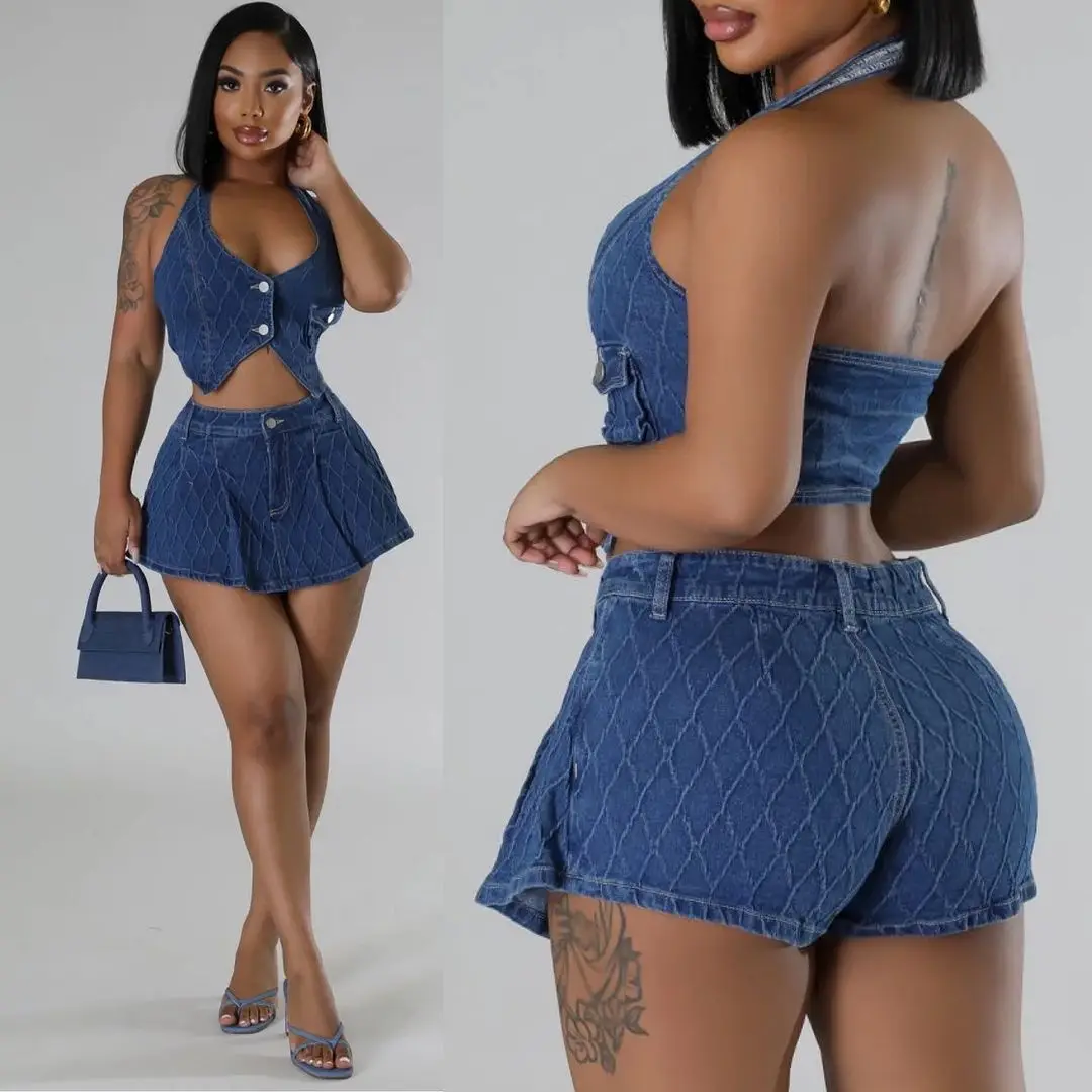 Summer Sexy Slim-fitting Women's Denim Two-piece Set, V-neck, Hang The Neck  Sleeveless Short Top + High-waisted Mini Skirts