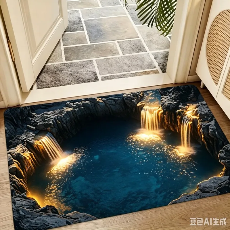 Funny 2D Vortex Waterfall Doormat Creative Optical Illusion Welcome Mat Beautiful Nature Landscape Entryway Floor Carpet