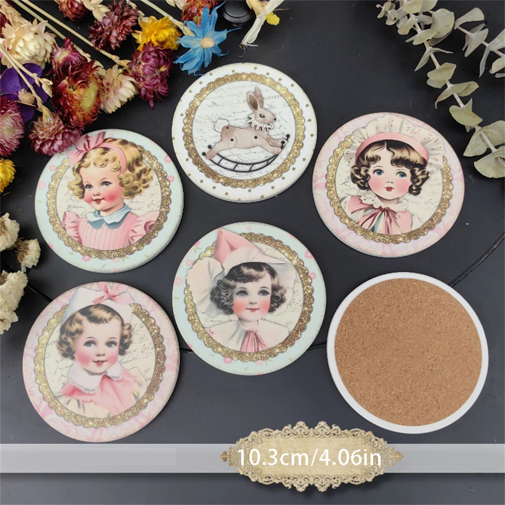 Vintage Ceramic Absorbent Coaster Cute Doll Printed Kitchen Supplies Coaster Dessert Table Decoration Ornament Rotundity Coaster