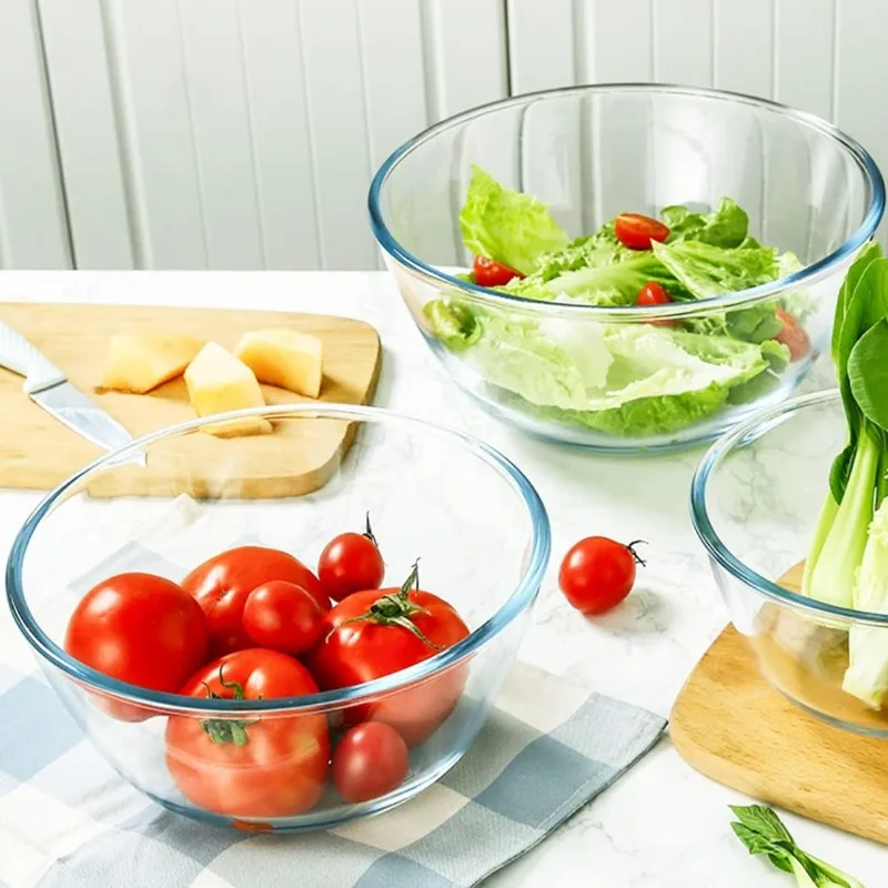 Glass Mixing Bowls with Lids Set of 3（4.5QT,2.7QT, 1.1QT, Large Kitchen Salad Bowls, Space-Saving Nesting Bowls, Round Glass