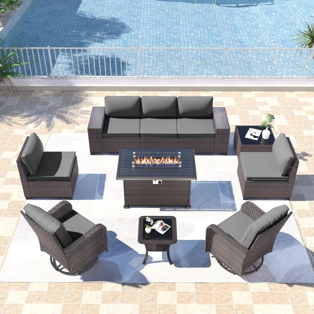 

10 Pieces Outdoor Patio Furniture Set,PE Wicker Rattan Sectional Sofa Patio Conversation Sets with 43"Gas Propane Fire Pit Table