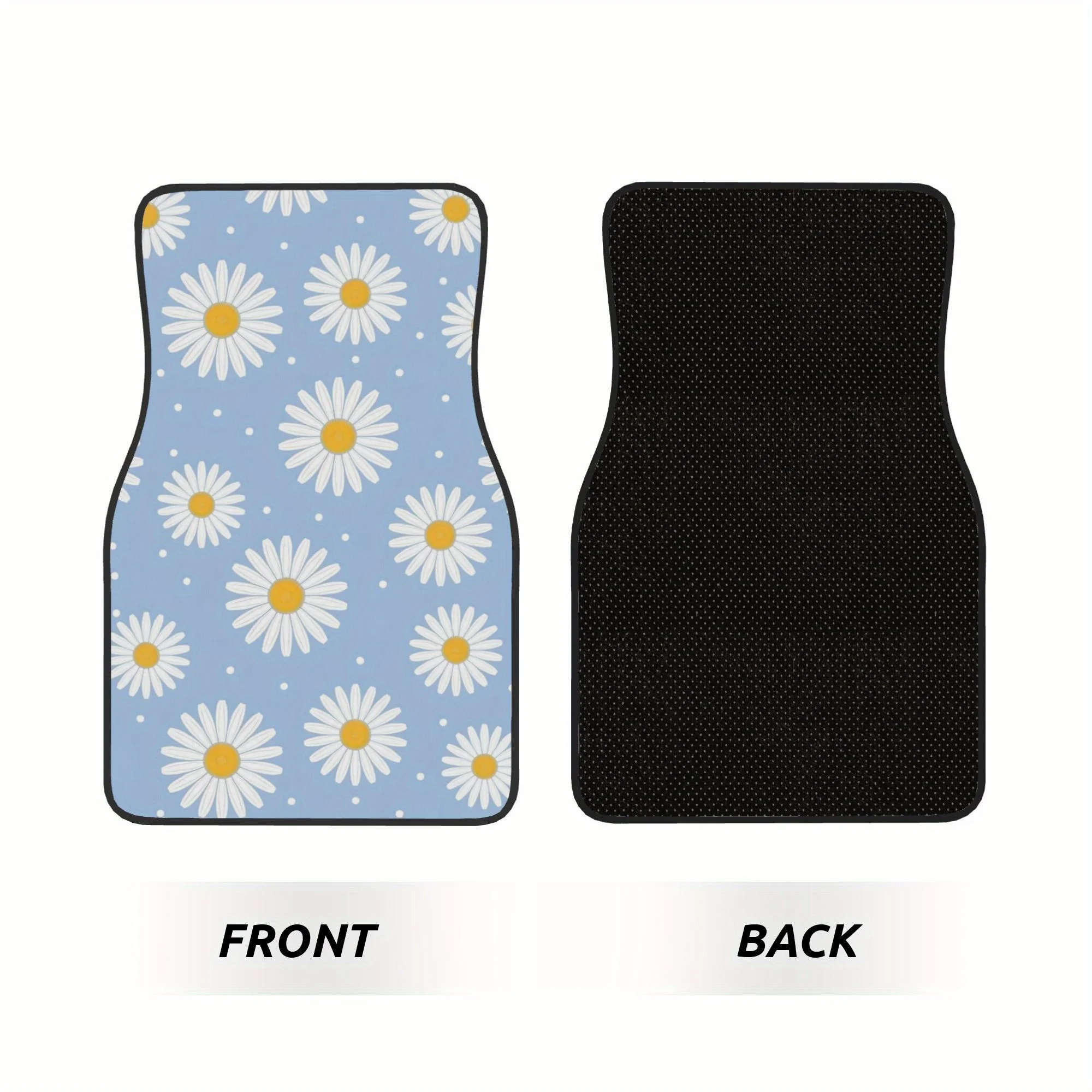 4pcs Daisy Pattern Car Floor Mats - Yellow & White Daisies On Blue Background With Polka Dots, Non-Slip Polyester Liner, Easy To