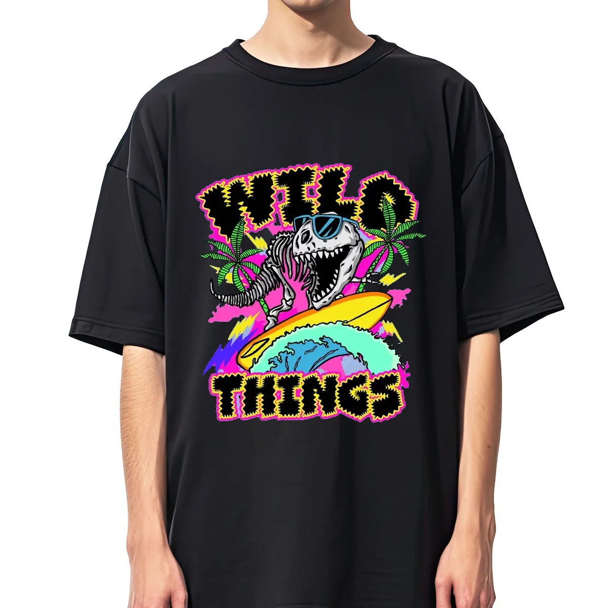 Wild Things T Rex Surfing Dinosaur Polyester T Shirt Men Women Y2K Tshirt Unisex Quick Dry T-shirt Clothing Top Tee