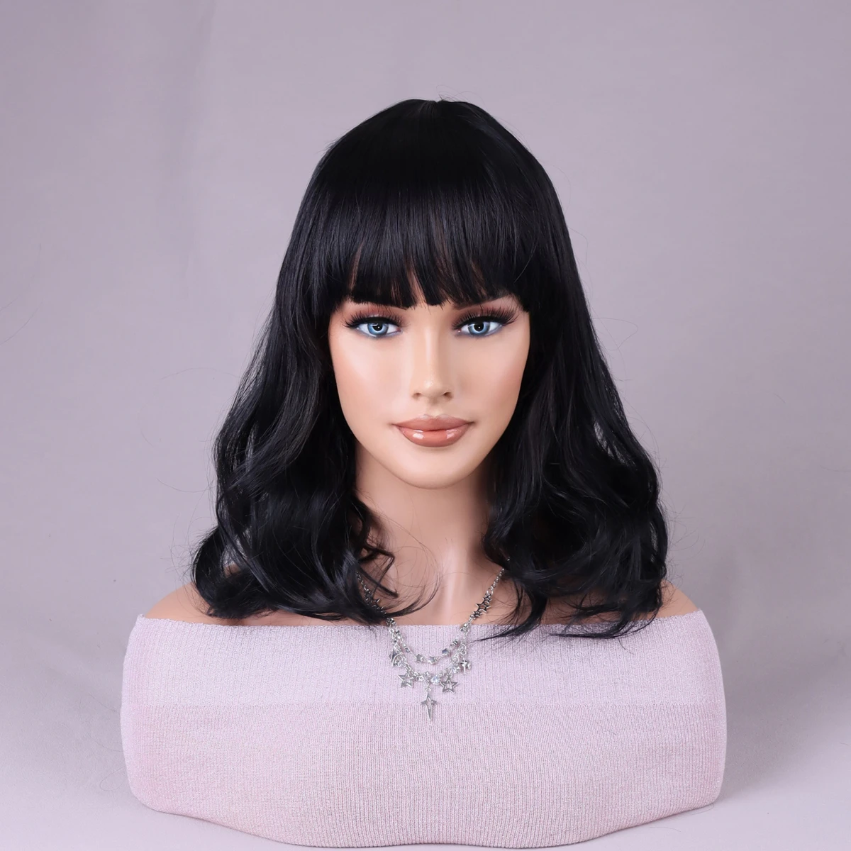 

Natural black fringe shoulder-length wavy for women Natural synthetic curly Heat-resistant fiber wigs for daily party use