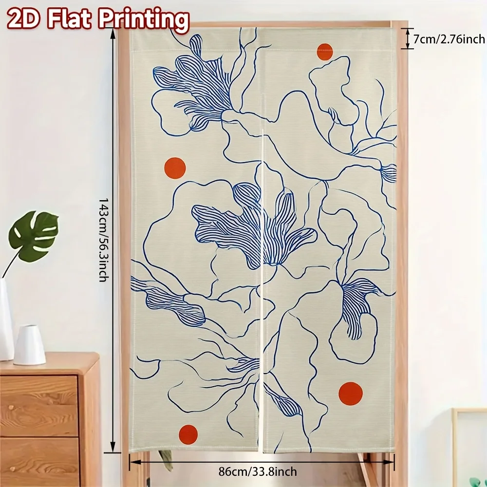 Aesthetic Blue Line Art Polyester Door Curtain Room Divider Tropical Botanical Pattern Lightweight Privacy Screen for Modern Hom
