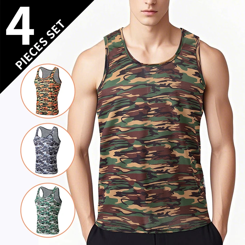 1/3/4 Pcs Men's Summer Multicolor Camouflage Combination Vest Teenagers Plus Size Sports Fitness Running Jacket Joker Stripe T
