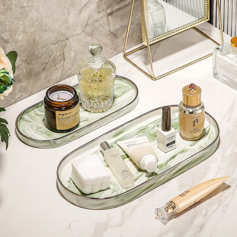 Ceramic Marble Plate Bathroom Storage Tray Jewelry Cosmetics Tray Aromatherapy Oval Plate Multifunctional Home Decoration Tray