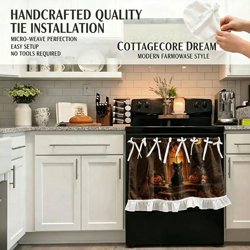 2D Flat, 1pc Kitchen Stove Dust Cover Cabinet Decorative Curtain with 2D Printed Halloween Cat Pumpkin Spiderweb Scene Home Kitchen Microwave, Ideal Choice for Kitchen Decoration and Appliance Protection, Home Decoration, Kitchen Shading Curtains