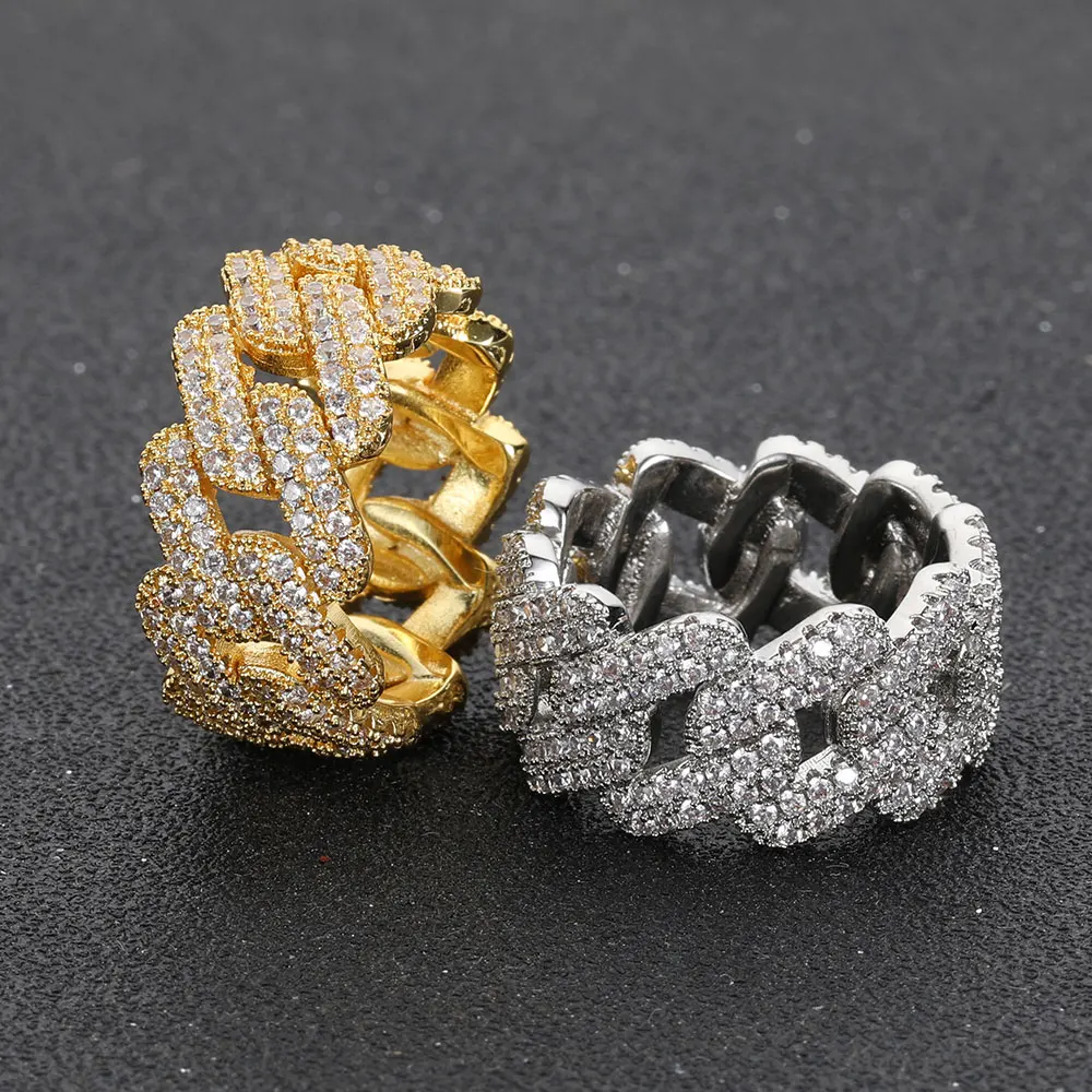 11MM Width Double Row Iced Out  Rhombic Cuban Rings Fashion Hip Hop For Men Bling Cubic Zirconia Jewelry