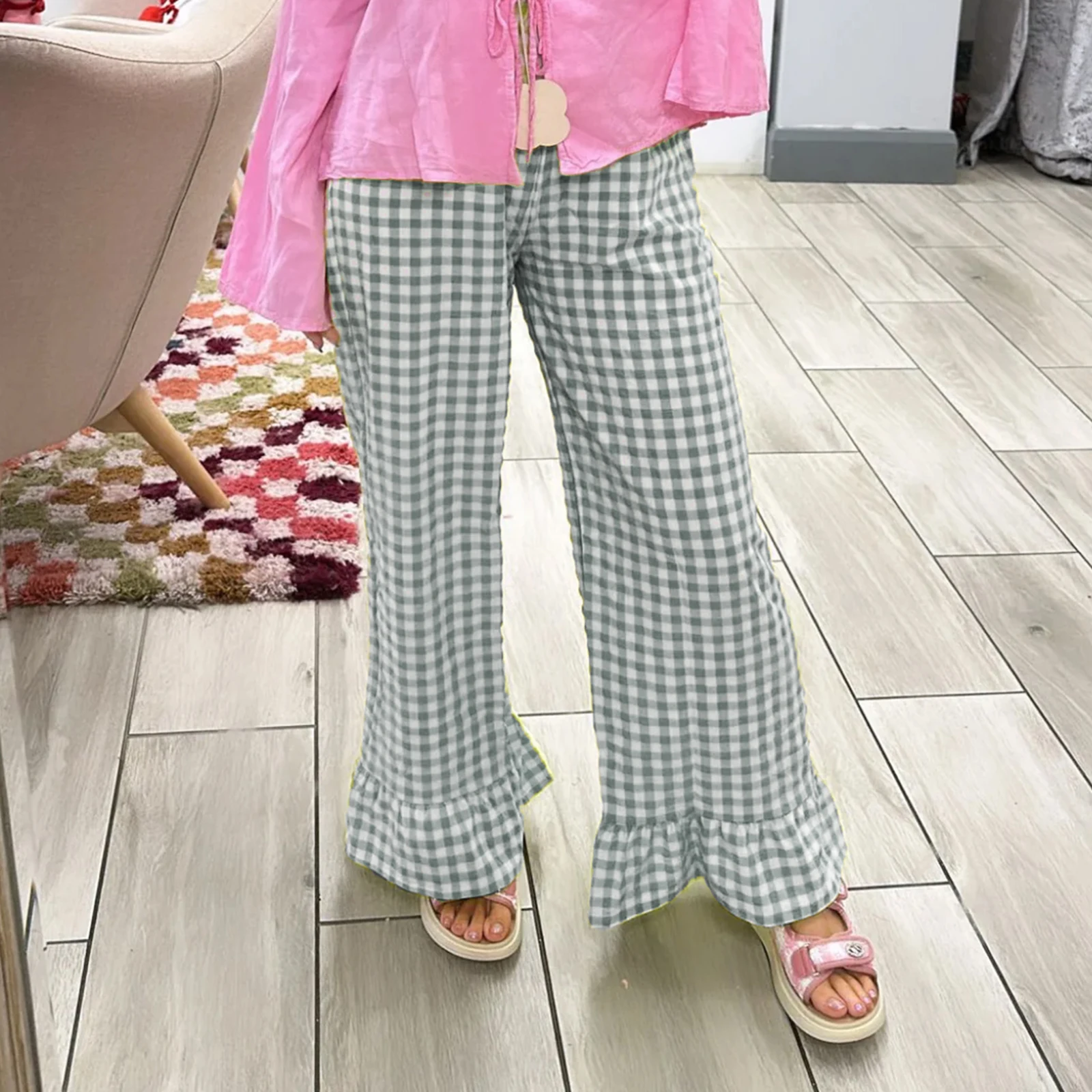 Gaono Women Y2K Plaid Print Flared Pants Ruffle Hem Gingham Long Trousers Elastic Waist Loose Fit Long Bottoms