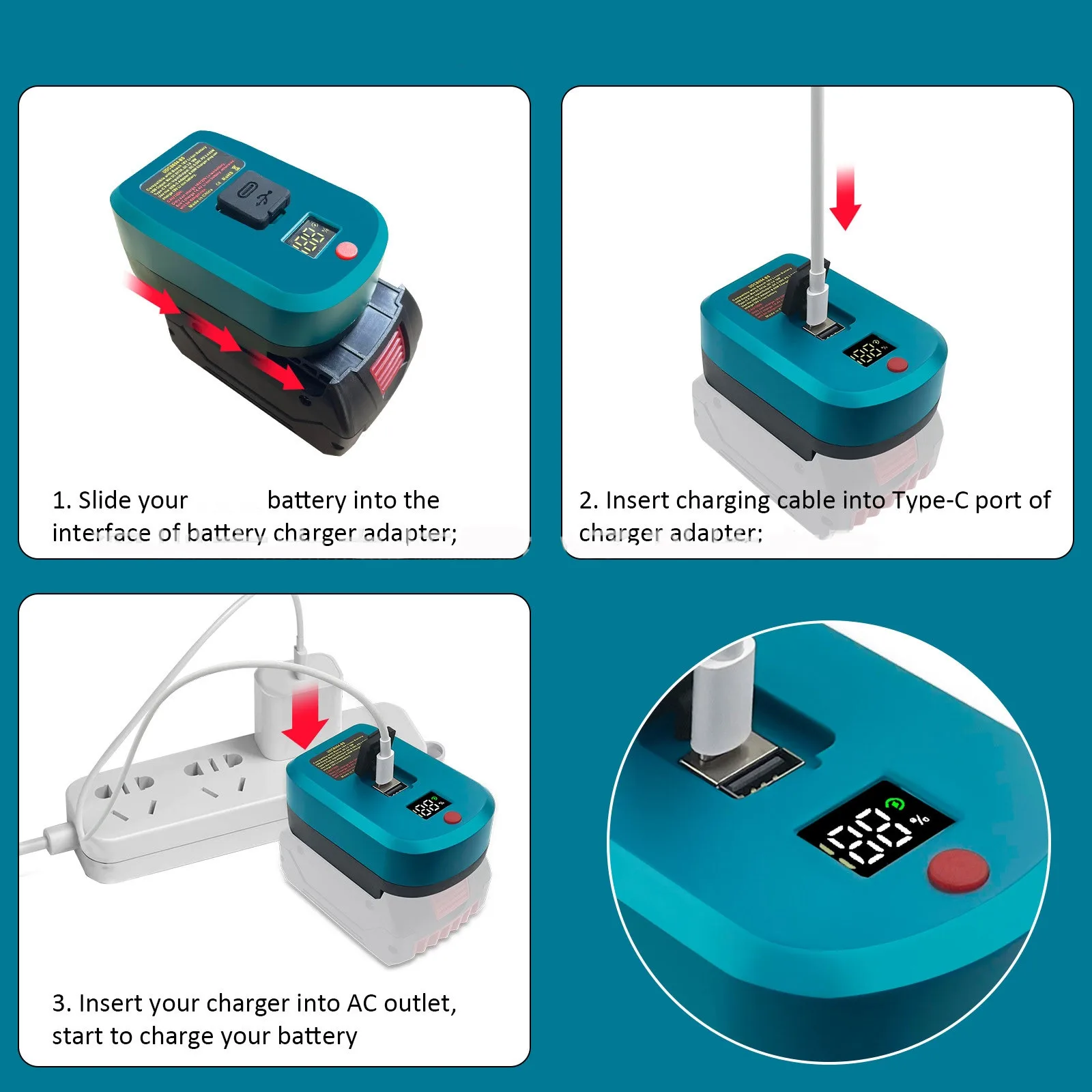 Adaptador Rápido de Carregador de Bateria, Conversor, USB, Tipo C, PD 3.0, 18V, BL1860B, BL1850, BL1830, BL1820, Acessórios de Bateria, 65W