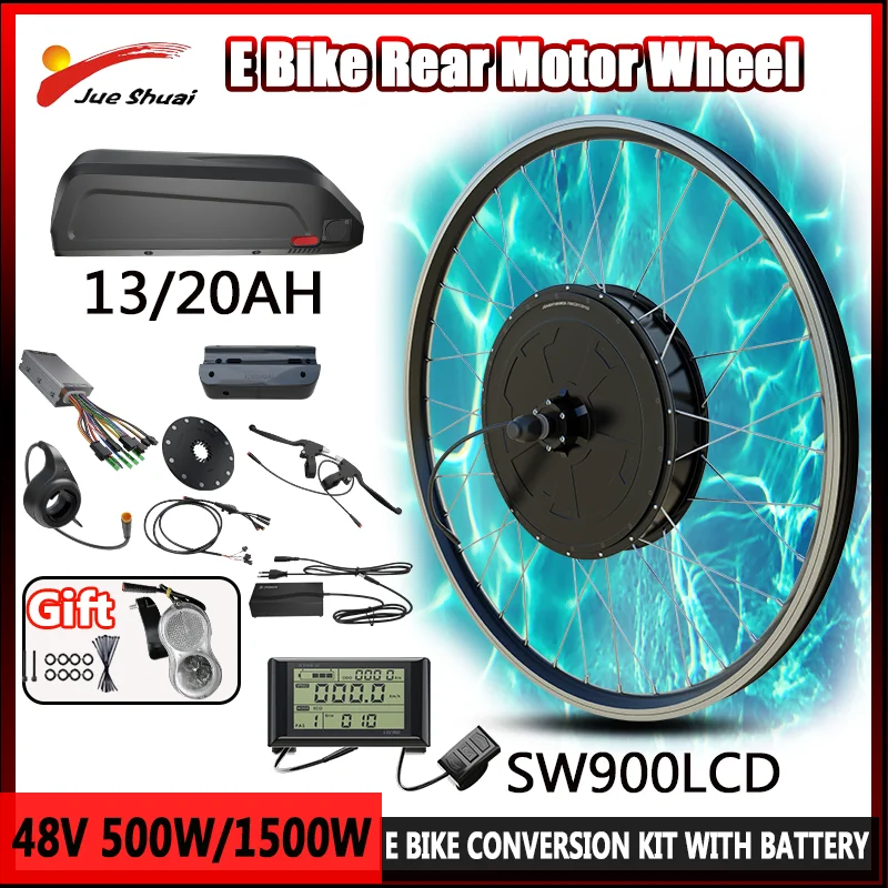 48V Electric Bike Conversion Kit 500W/1500W Poweful Rear Hub Motor Wheel E Bike Conversion Kit with 13AH/20AH Hai Long Battery