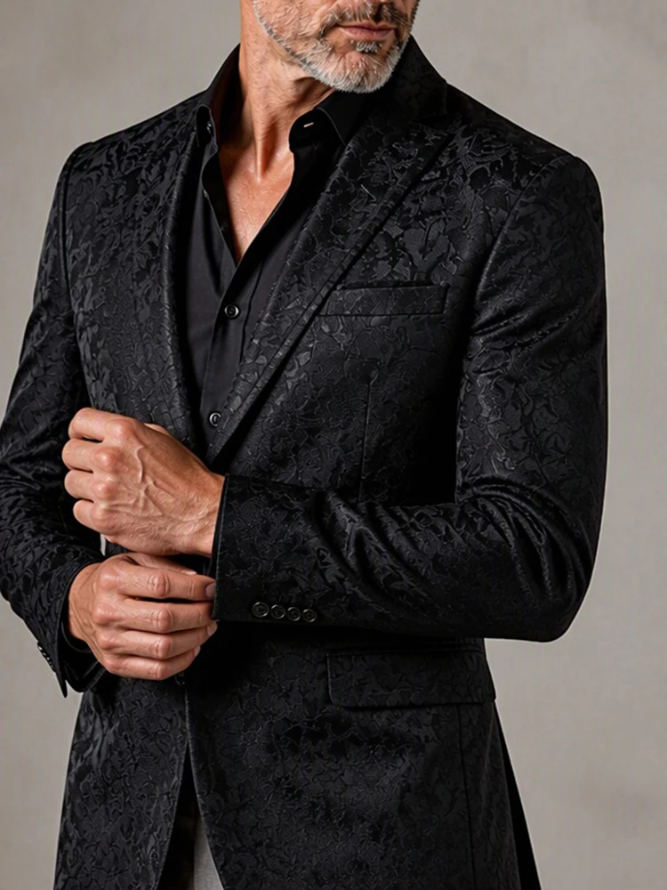 Men's Classic Black Jacquard Blazer Single Breasted Long Sleeve Slim Floral Pattern Suit Jacket For Formal Wedding Party Evening