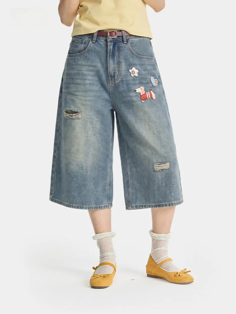 Calça Jeans Feminina PCMY de Algodão Macio Estilo Streetwear Cintura Alta com Efeito Disfarce, Modelo Sete Oitavos, Fina e Ra...
