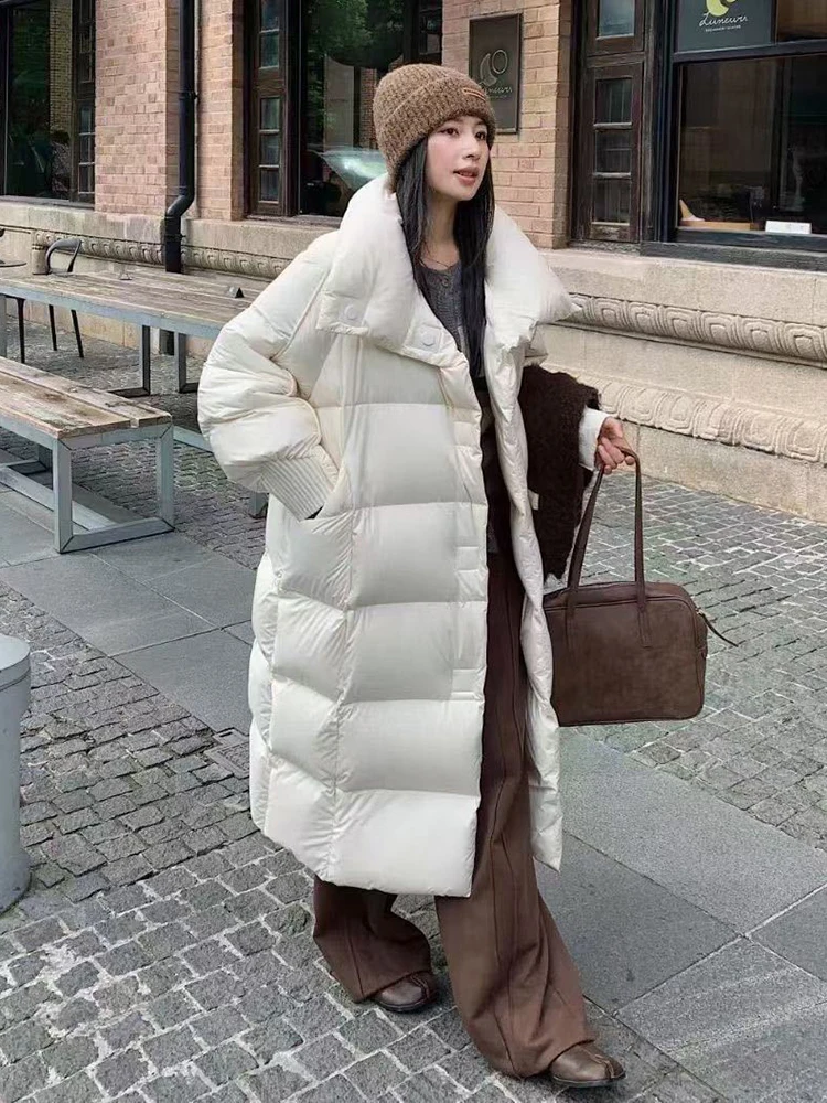 Winter Lapel Knee Length Fluffy Down Jacket Female Magnetic Button Long Parker Outwears Women White Duck Down Warm Down Jackets