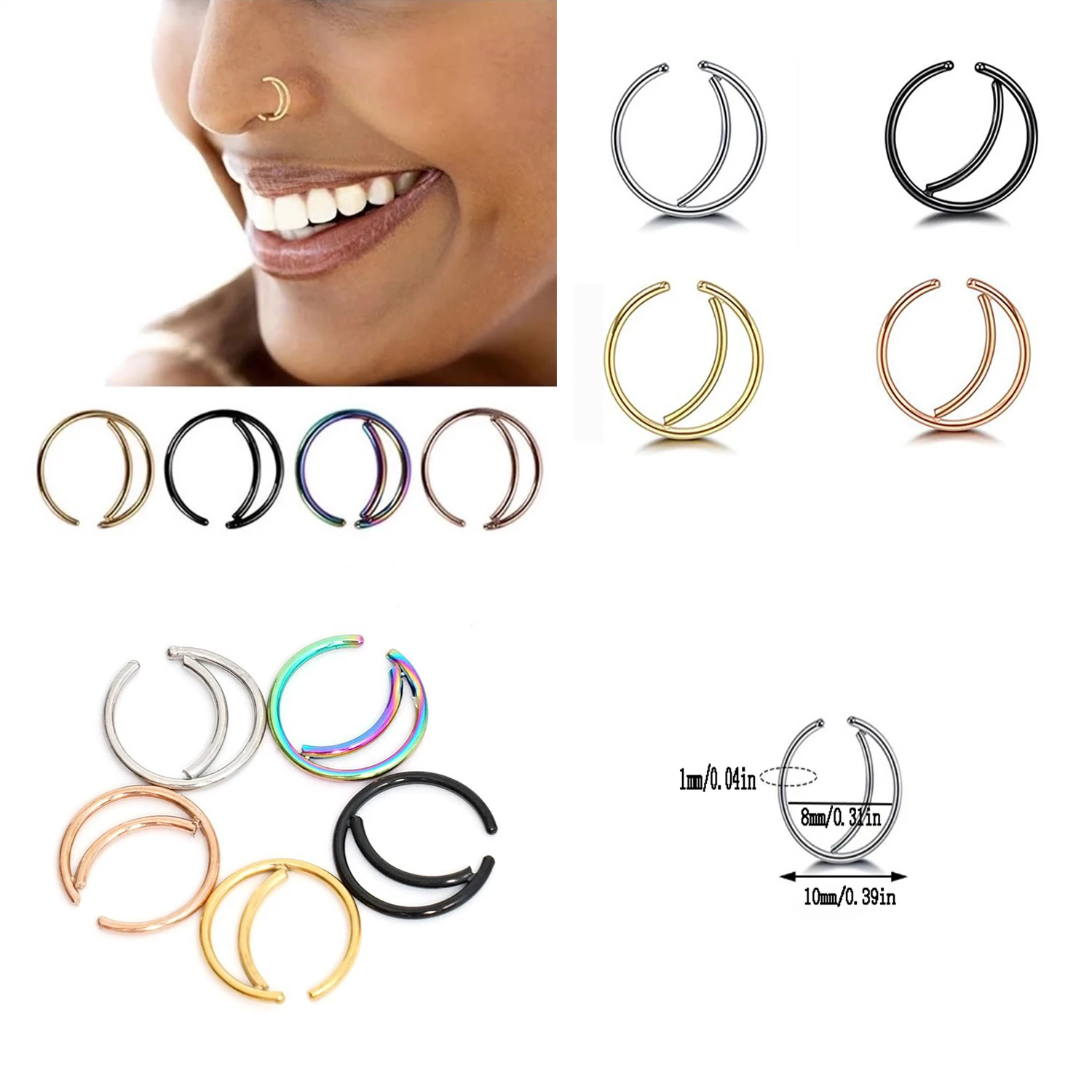 1 buah cincin tindik hidung bulan baja tahan karat, cincin tindik Septum untuk wanita pria telinga Tragus anting-anting Lip Hoop, perhiasan Punk modis