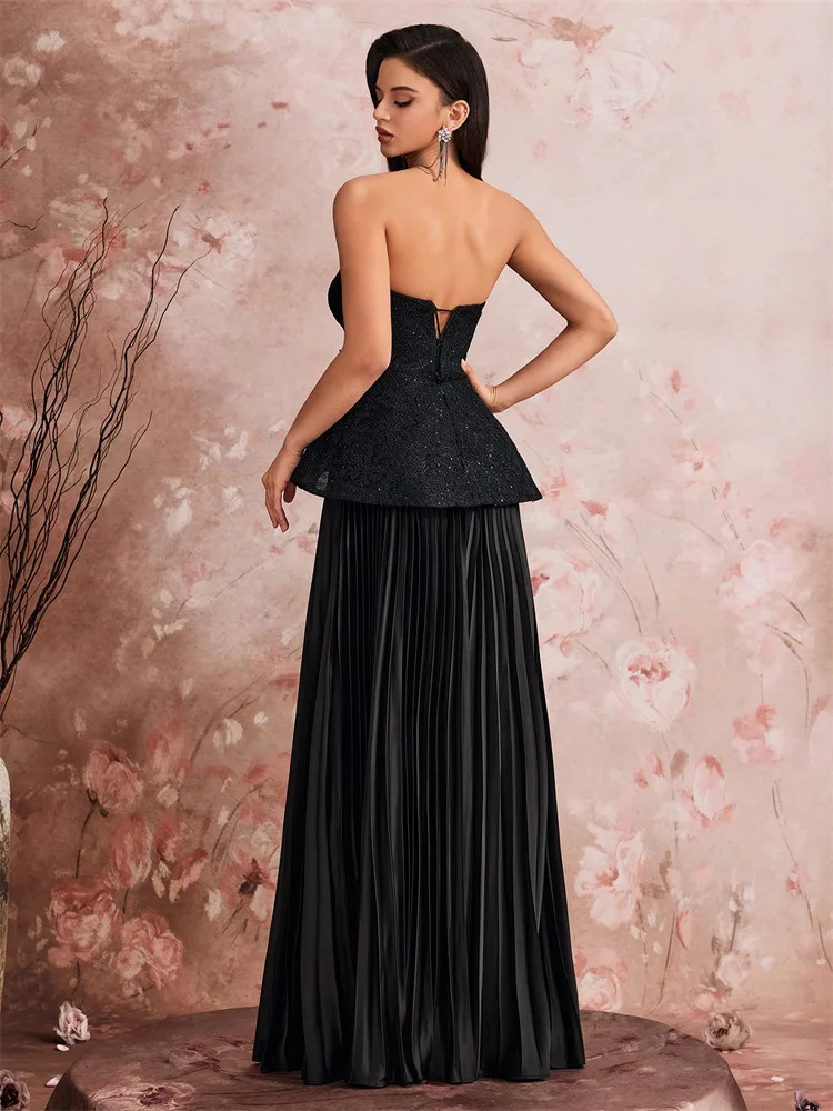 Middle East European and American Elegant Sequin Stitching Fit Bandeau One-Shoulder Cocktail Party Dinner Dress Bridesmaid Dress