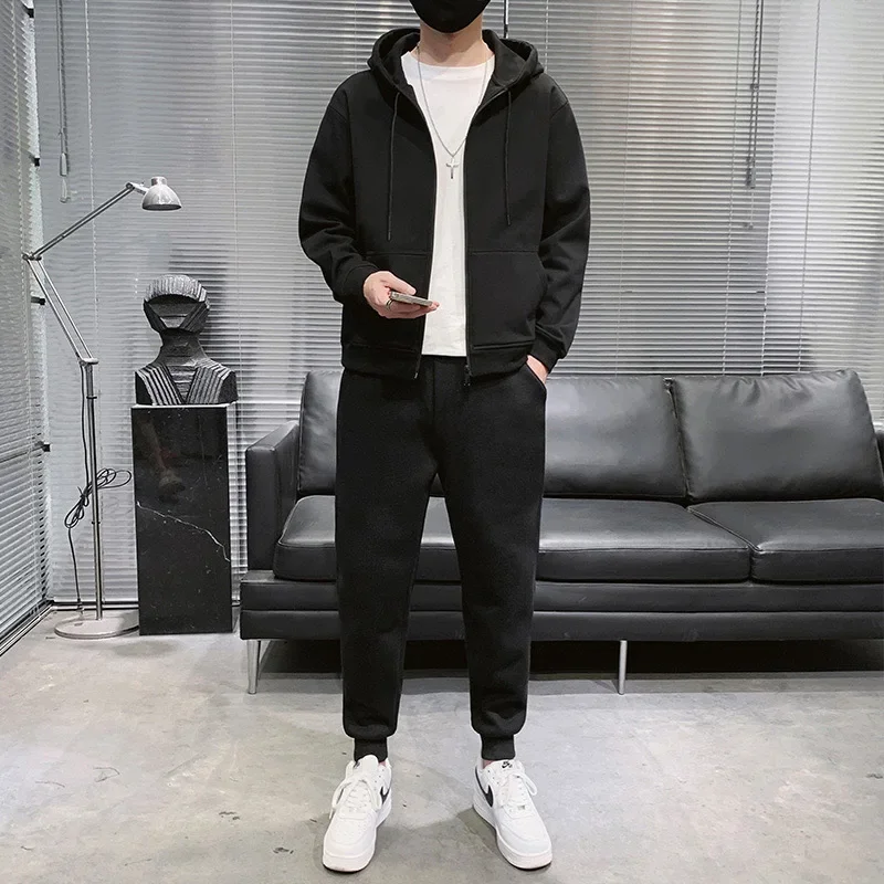 

New Trendy Men's Suit Hooded Sweatshirt with Fleece, Long Sleeved Cardigan Jacket, Ankle Tied Sweatpants, Casual Sports Suit