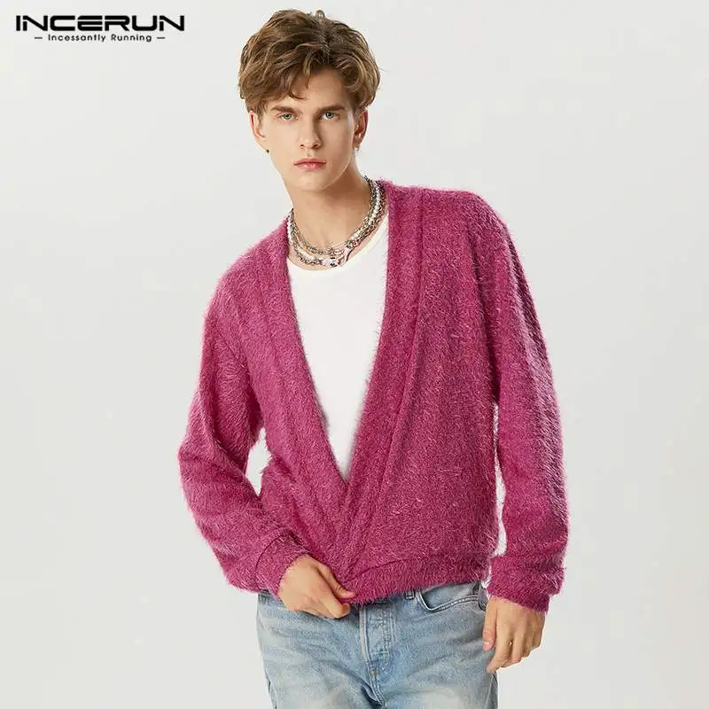 

American Style Fashion New Mens Plush Fabric Deep V-neck Pullovers Party Show Solid Long Sleeved Sweater S-5XL INCERUN Tops 2023