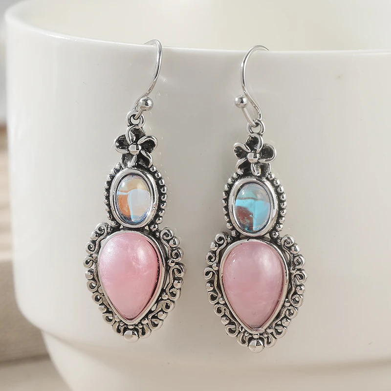 Bohemian Style Silver Edge Inlaid Teardrop Earrings Women Vintage Charm Earrings Daily Casual Vacation Jewelry
