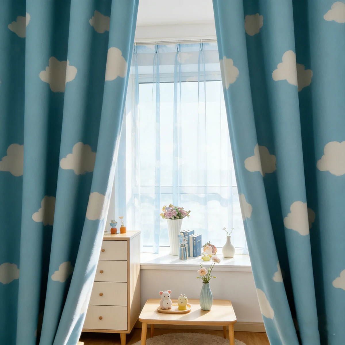Blue Sky White Cloud Print Curtains for Boys Girls Kid\'s Bedroom Pink Semi-Shading Cartoon Window Curtain Drapes WP125#50
