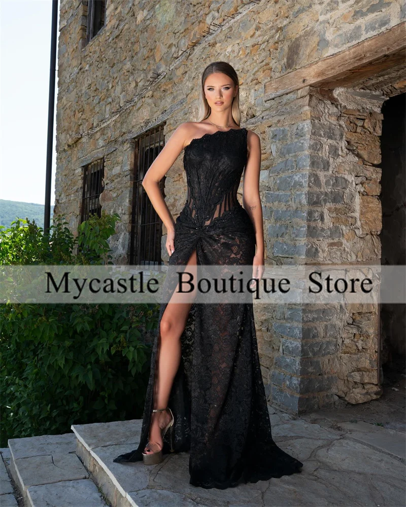 

Sexy Black Lace Beaded Prom Dresses 2025 Strapless High Slit Mermaid Evening Formal Birthday Dress Customized