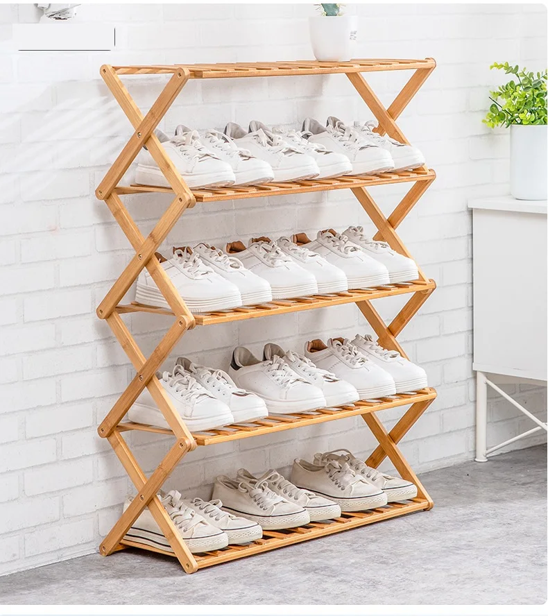 

Free Installation Shoe Rack Multi-Layer Simple Shoe Cabinet Door Economic Bamboo Wooden Folding Shelf Multifunctional Household