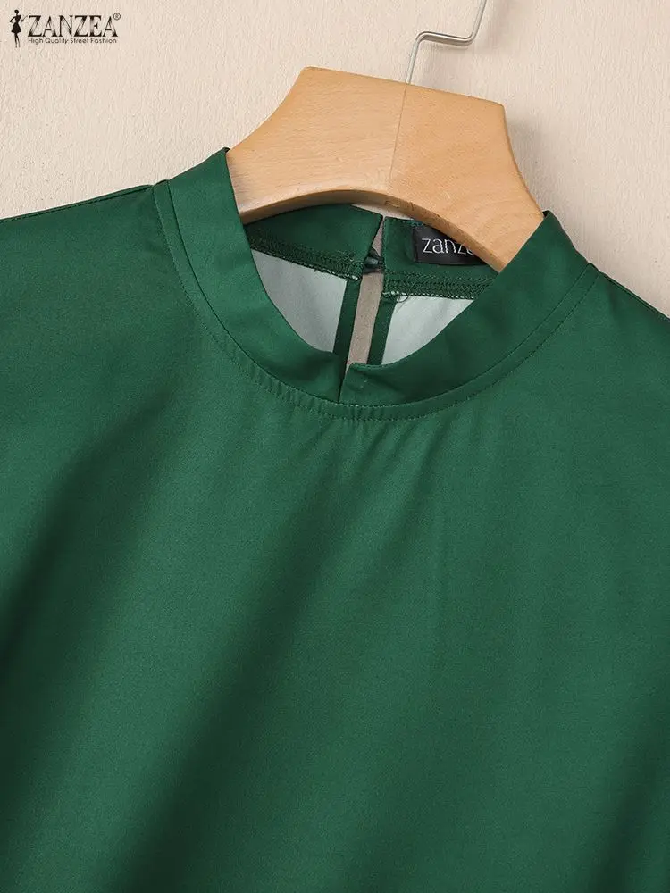 ZANZEA-Blusas verdes elegantes para mujer, Tops de media manga con estampado Floral y cuello levantado a la moda, ropa para mujer S-3XL 2026