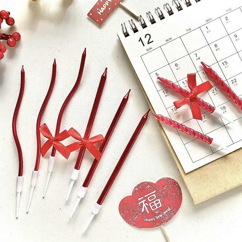 Velas para pastel con lazo rojo, soportes para decoraciones para fiesta de boda de Año Nuevo, velas en espiral para pastel de cumpleaños
