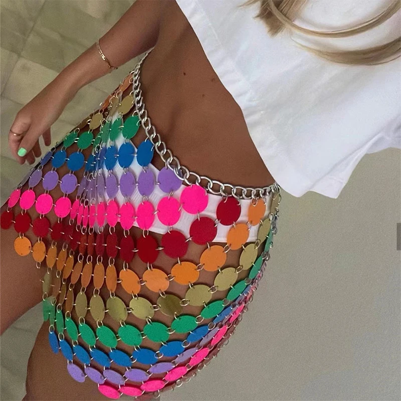 Sexy See Through Metal Sequin Mini Skirt Body Chain Summer Night Club Party Skirt Rave Outfit y2k Streetwear Skirts Womens