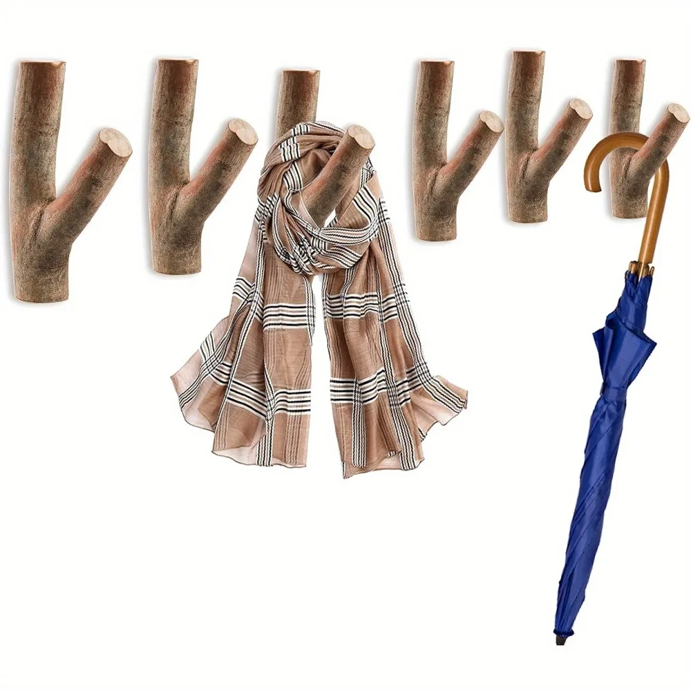 6PCS Rustic Wood Wall Hooks Tree Branch Clothes Hook Decorative Coat and Hat Hangers for Towels, Bags Home Decor
