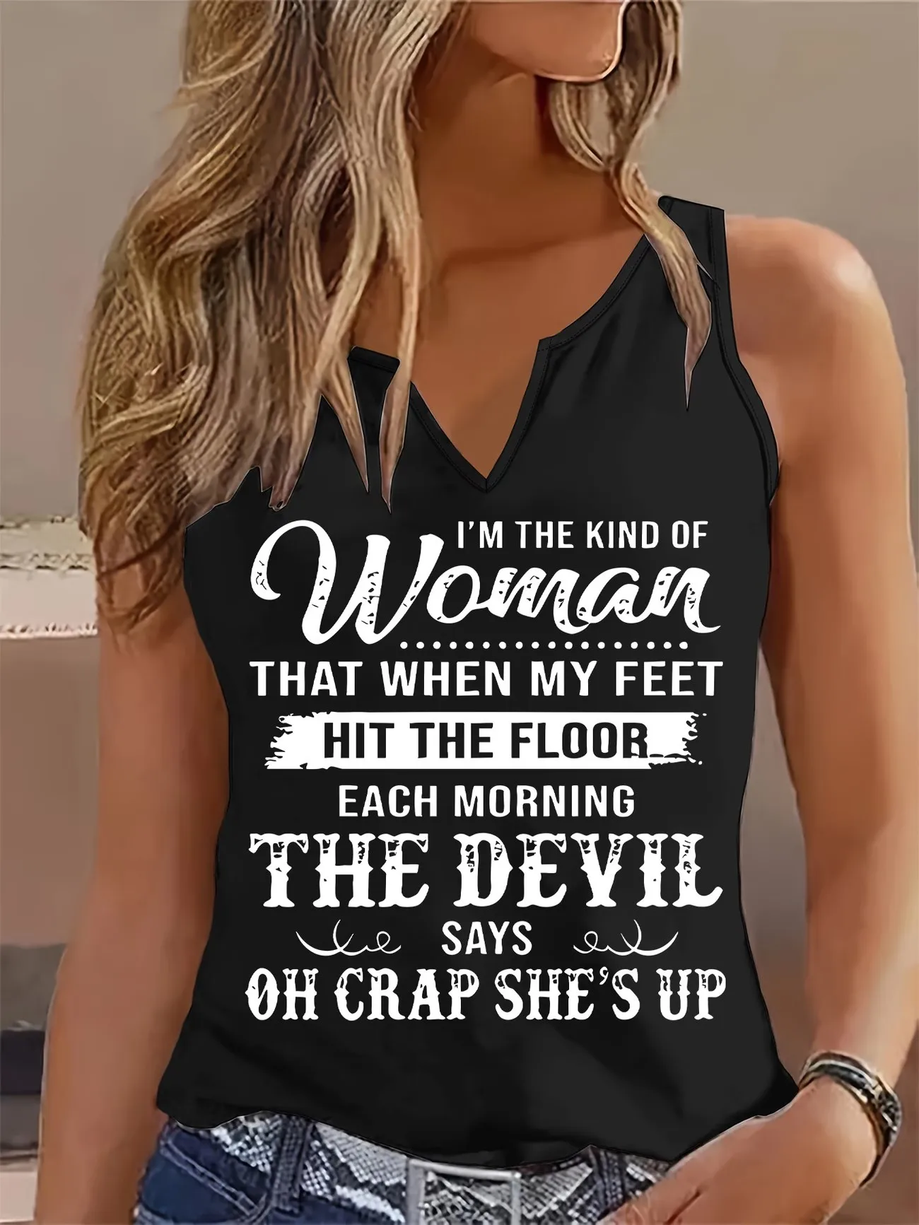 Funny Graphic Tee Motivational Quote Letter Print Sleeveless Tank Top T-shirt V Neck Casual Vest V-Neck Women Summer Spring