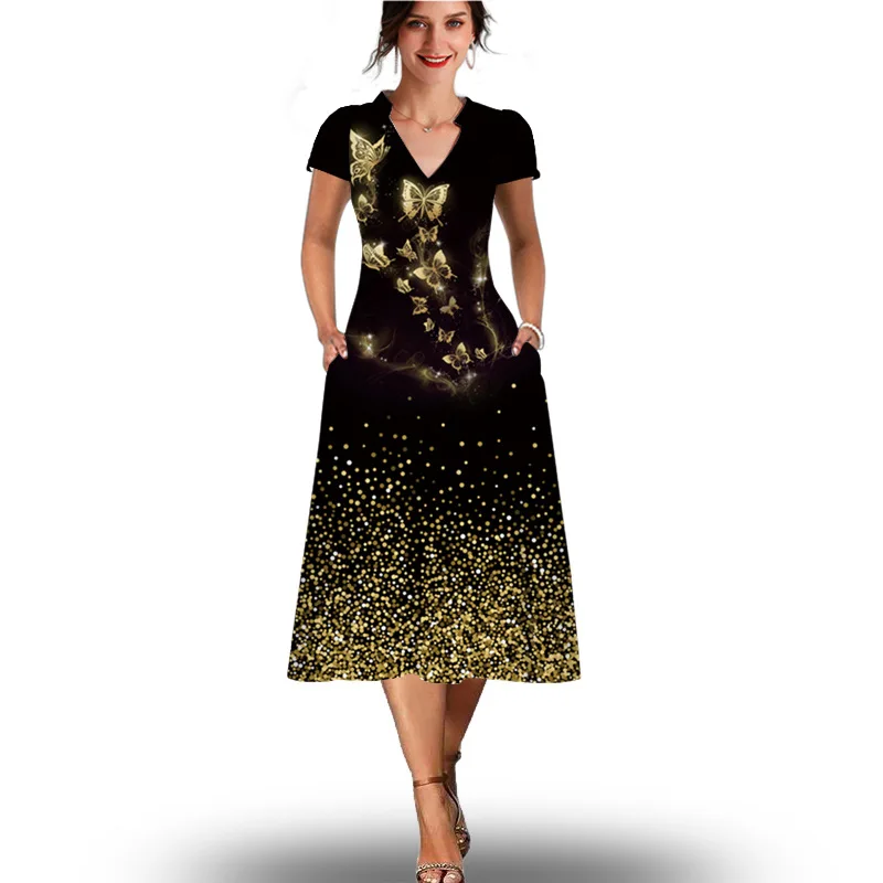 

2023-Border European and American Short Sleeve Mid-Length Dress Women's Casual Floral Print Swing Dress Bohemian Beach Dre