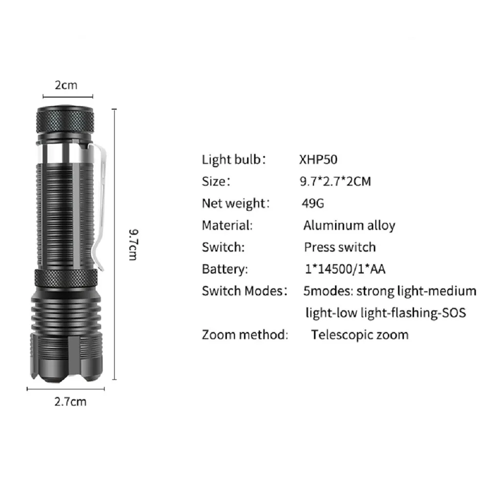 500 Lumens Led Flashlight Aluminum Alloy Tactical Hunting Torch 5 Mode Zoomable Lantern Use AA 14500 Battery Flashlamp