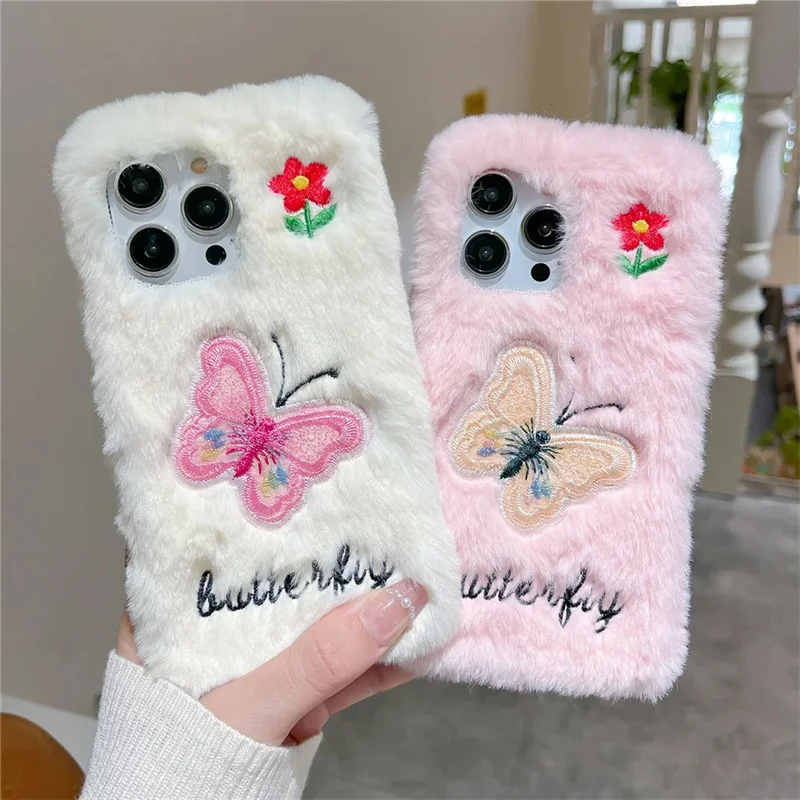 Minimalistische Mode Plüsch Stickerei Schmetterling Handyhülle für iPhone 17 16 15 14 13 11 12 11 Pro Max Plus Air Herbst Winter Cover
