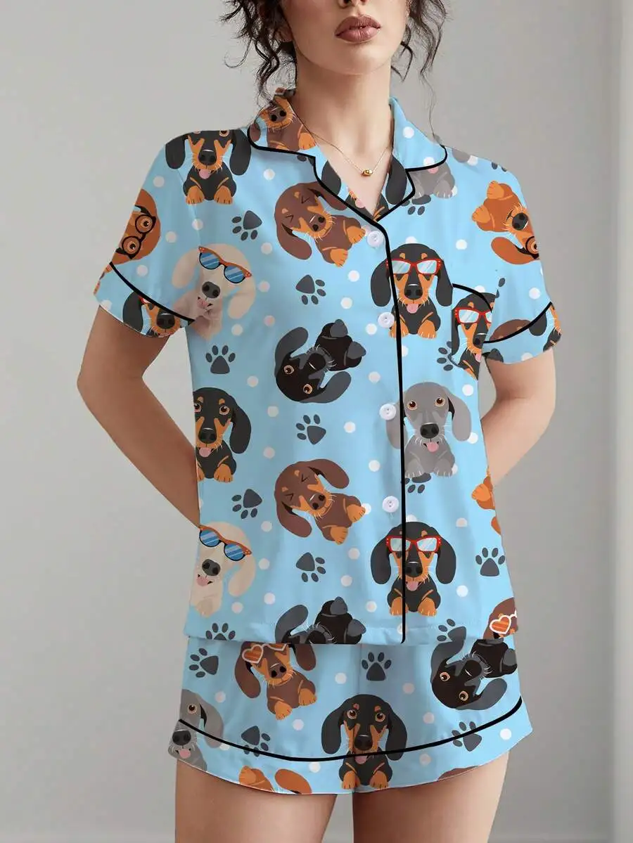 

Women 2pcs Pajama Set Cute Dachshund Print Short Sleeve Button Up Shirt And Shorts Comfortable Sleepwear