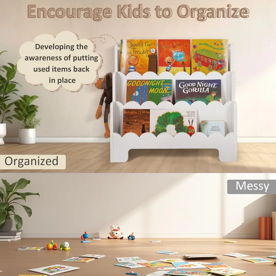 Wooden 3Tier Scalloped Bookshelf for 's Rooms FrontFacing Toddler Montessori Bookshelf Ideal for Baby Nursery and Classroom Eas