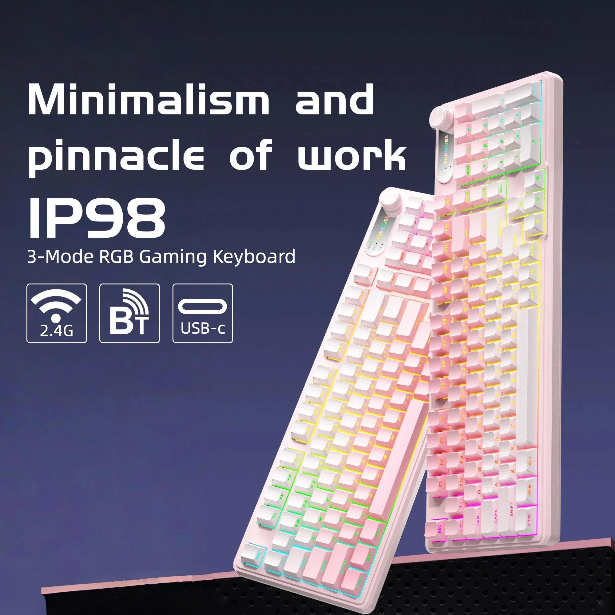 Pink White Gradient Aesthetic Wireless Keyboard 98 Key RGB Bluetooth 5.0 2.4G USB-C Wired Triple Mode 4000mAh Quiet