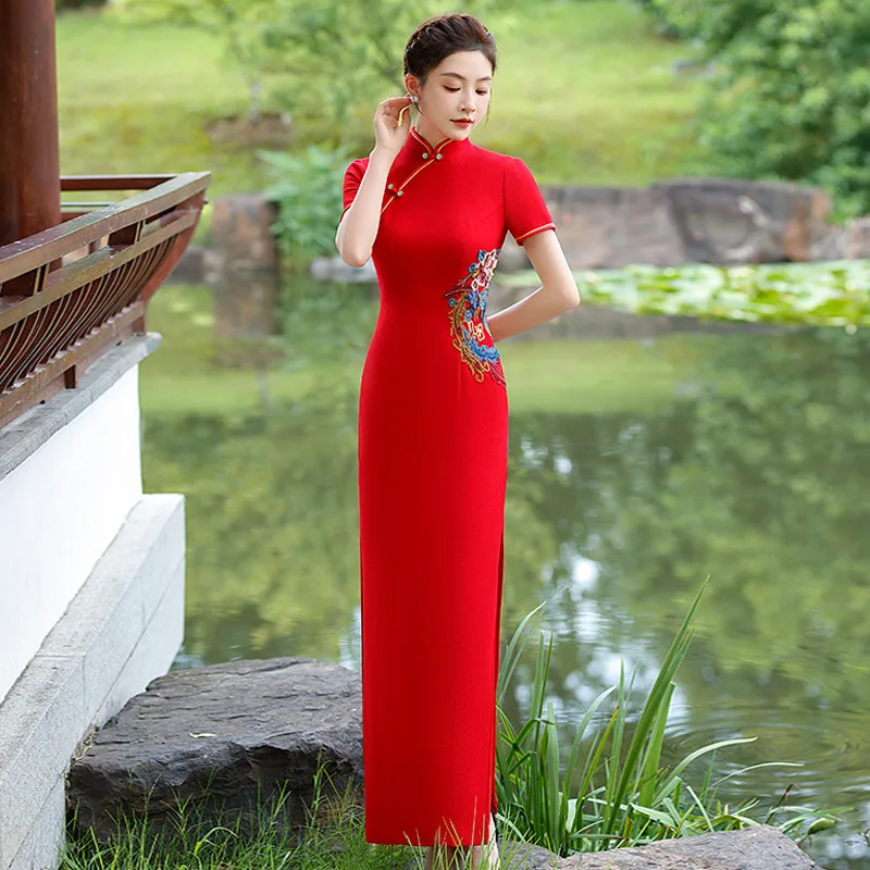 Gaun pengantin wanita, gaun pesta malam panjang, gaun Cheongsam tinggi, Satin, Qipao pernikahan bordir merah Cina, ukuran besar 5XL