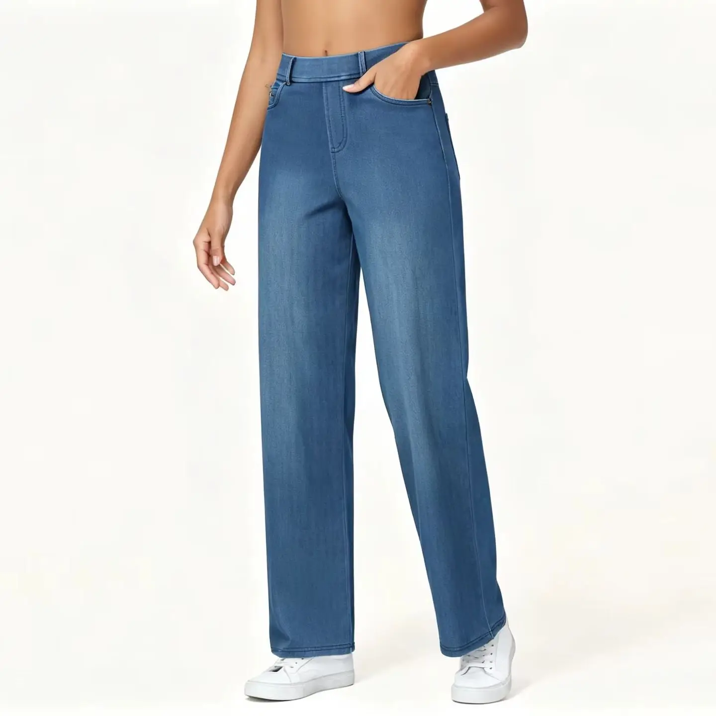 THE GYM PEOPLE Women's Wide Leg Pull on Jeans Stretchy Baggy Trendy Casual Straight Denim Pants with Pockets
