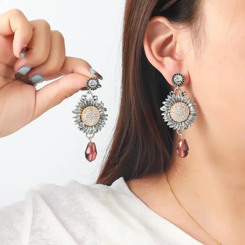 أقراط نسائية بوهيمية عتيقة من الزركون عباد الشمس هدية أنيقة للحفلات #3