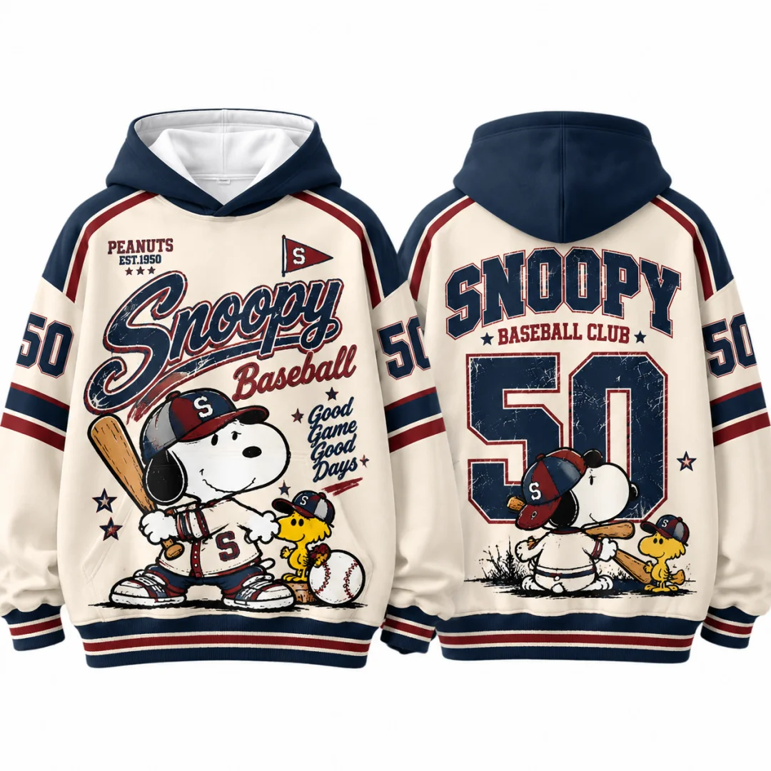 Snoopy Baseball Club #50 Vintage Mens Hoodie Unisex Retro Patchwork Hooded Sweatshirt Y2K Streetwear Cartoon Kids Pullover