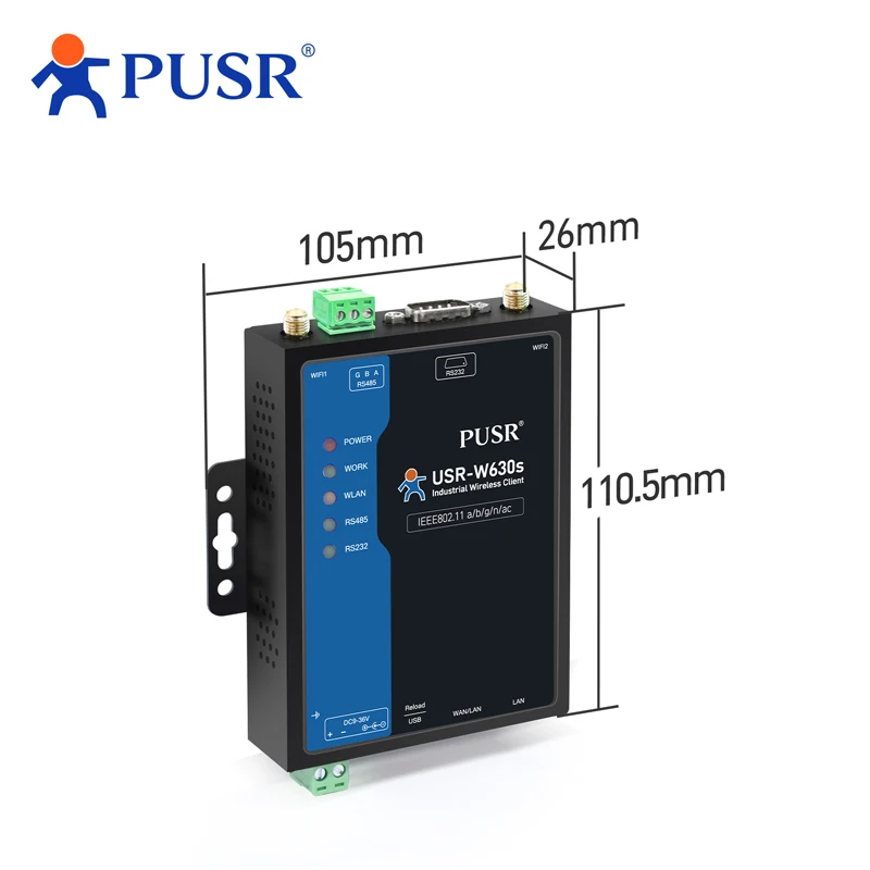 

USR-W630s Двухдиапазонный промышленный WIFi5 Беспроводной шлюз для клиента Modbus MQTT 2 порта Ethernet rs232 преобразователь RS485 в WiFi