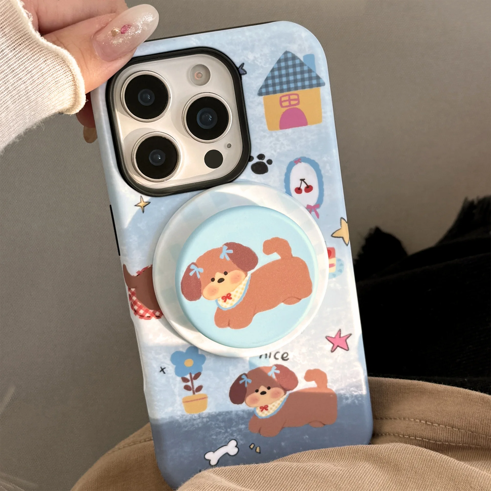 

Ретро джинсовый синий щенский домик с держателем, магнитный противоударный чехол для телефона для iPhone 17, 16, 15, 14, 13, 12 Pro Max Plus Air