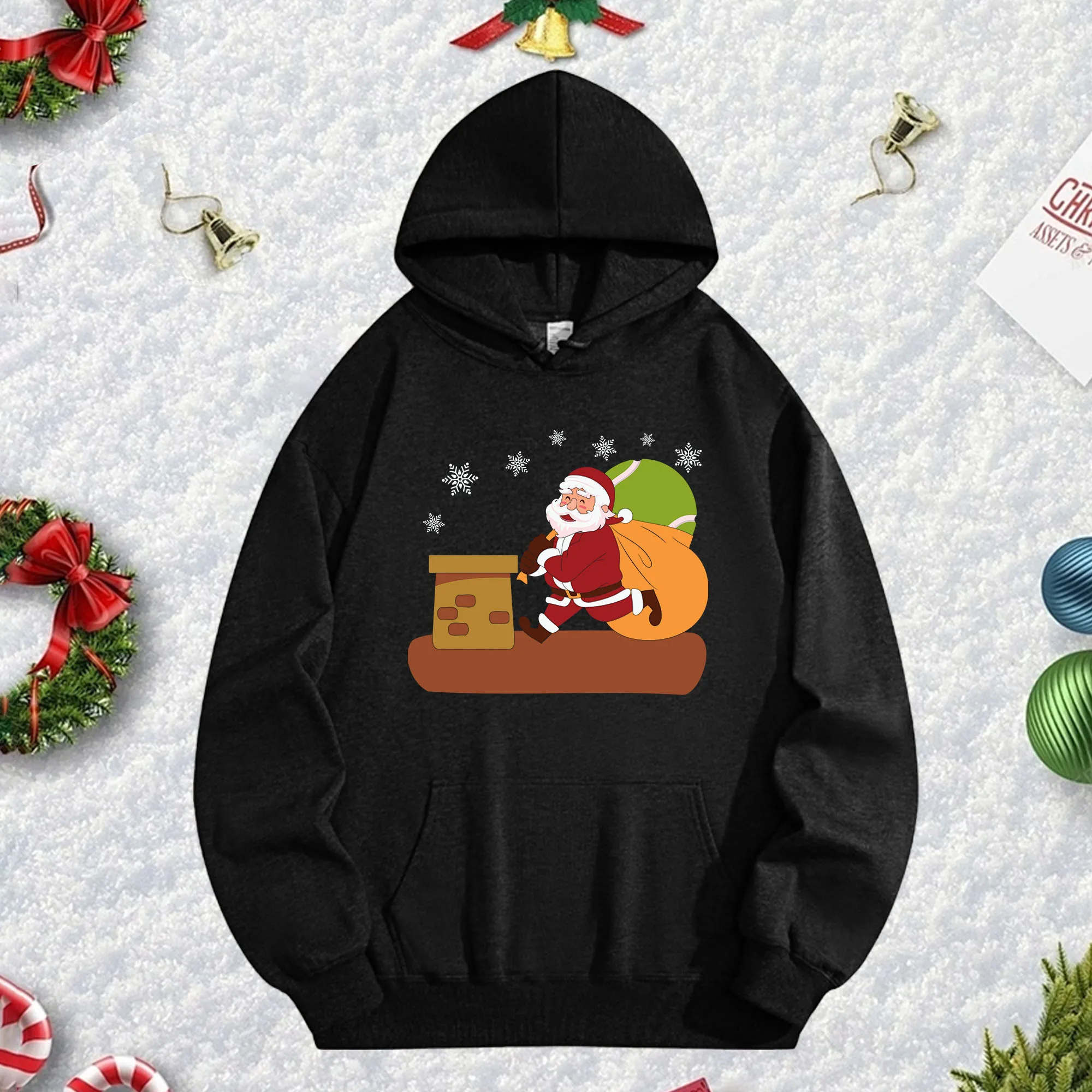 سترة بقلنسوة سوداء سانتا كلوز 270G للرجال والنساء، بلوفر صوف كبير الحجم مريح لموسم الخريف/الشتاء وعيد الميلاد