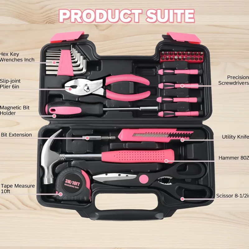 39Pcs Pink Hand Tool Kit Limited Version Carbon Steel Household Repair Tools Set Portable Storage Case for Home DIY & Car Mainte