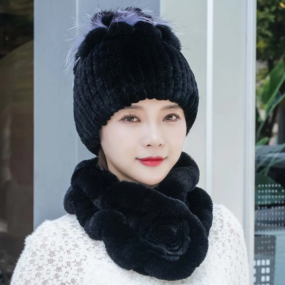 ชุดหมวกไหมพรมขนกระต่ายเร็กซ์ 2 ชิ้น ผ้าพันคอขนกระต่ายเร็กซ์ธรรมชาติ สำหรับผู้หญิง สไตล์ใหม่ ปี 2025 อุ่นสบายสำหรับฤดูหนาว