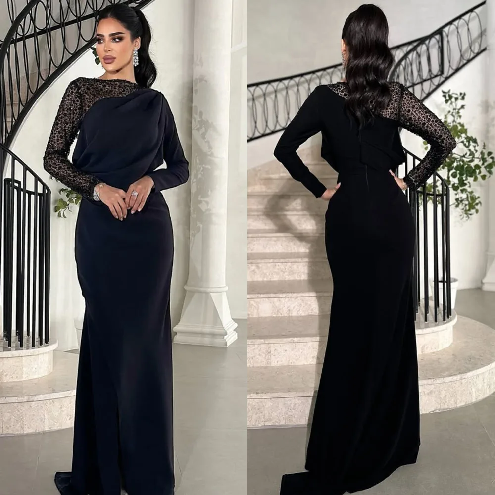 

Высокое качество длиной до пола, длинные рукава, скользящий шлейф, молния, черные вечерние платья с высоким воротником, женский халат Sirene Soiree