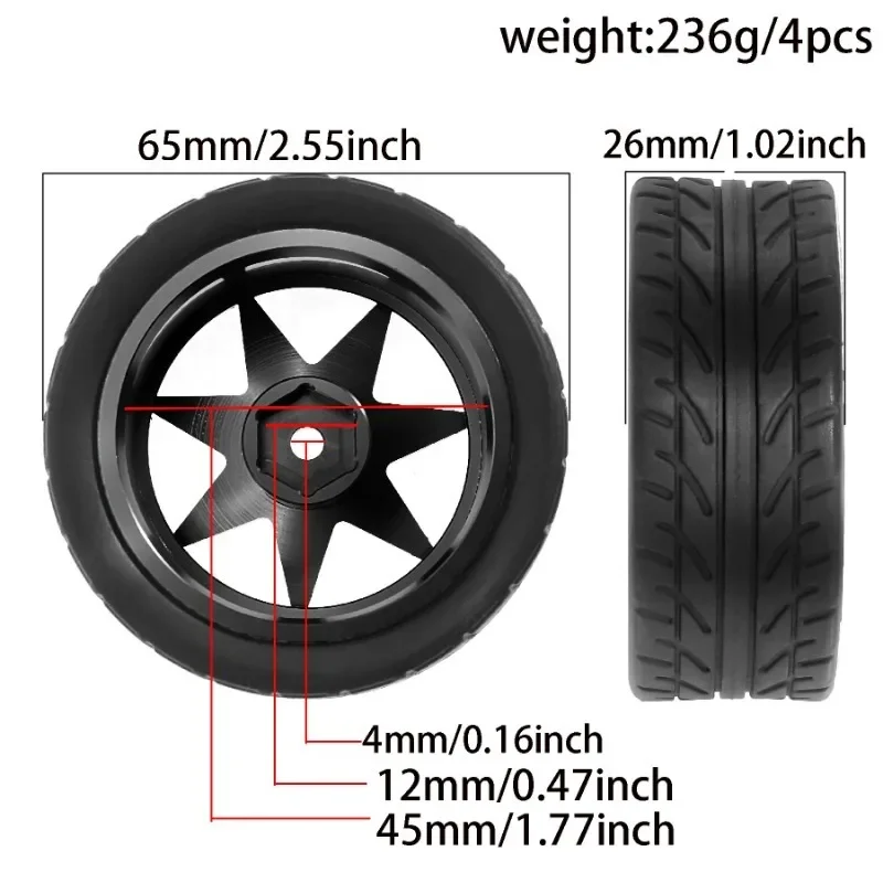 4 szt. 1/10 65mm Metalowe Felgi z Oponami, Sześciokąt 12mm do Tamiya TT01 TT02 TT02B TA06 XV01 XV02 PTG-2 1/10 RC Samochód Wyścigowy Części Zamienne