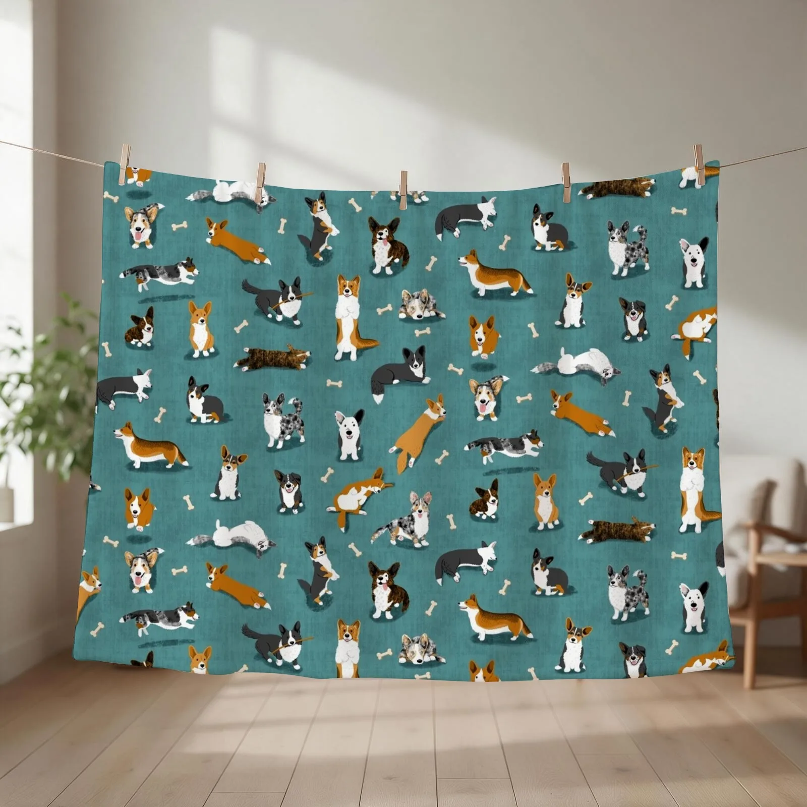 Cardigan Corgi Pattern on Teal Throw Blanket couch cozy soft plush fuzzy picnic outdoor blanket